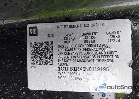 2022 Chevrolet Camaro Rwd 1Lt из США, поврежденный, VIN 1G1FB1RX6N0119195